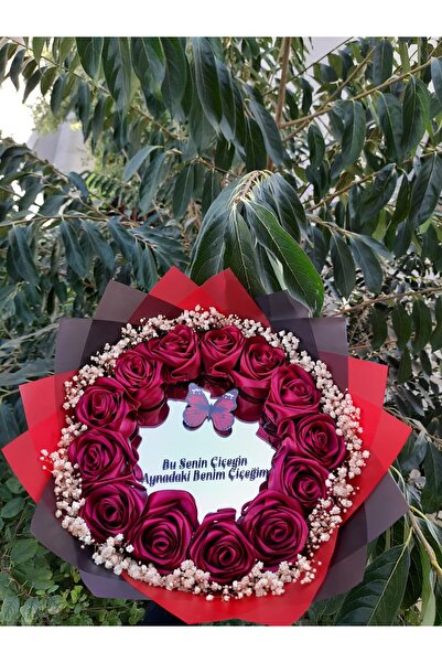 BUKET DÜNYASI AYNALI LEDLİ YAZILI SOLMAYAN GÜL BUKETİ BORDO GÜL DIŞI SİYAH\KI...