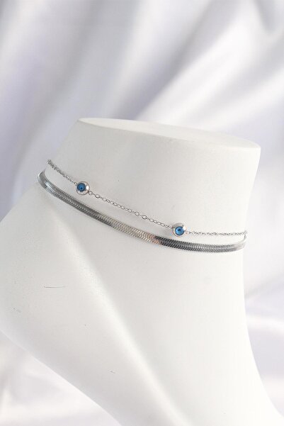 Inure Jewelry 316L فولاذ فضي اللون خرز عين الشر تصميم خلخال مكون من قطعتين