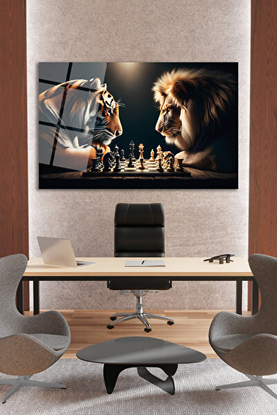 GlassWallArt Satranç Oynayan Aslan ve Kaplan Cam Tablo Hediyelik, Salon, İşyeri, Ofis, Büyük, Duvar Dekoru