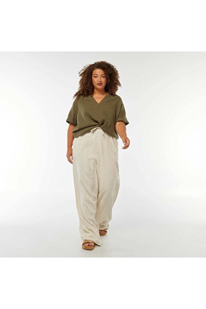 KIABI بنطلون واسع الساق من مزيج الكتان بنسيج محبوك باللون البيج