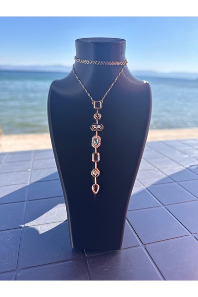 Ben Aleina Y Necklace Colorful Stone Pendant Silver Color