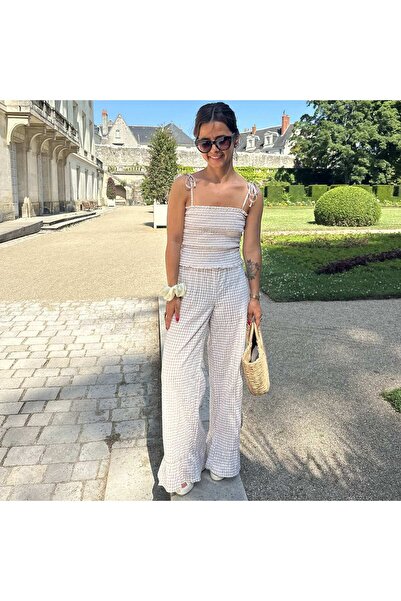 KIABI Smocked crop top with gingham checked pattern BEIGE