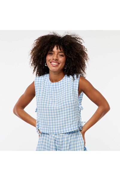 KIABI Gingham top with shoulder pads BLUE