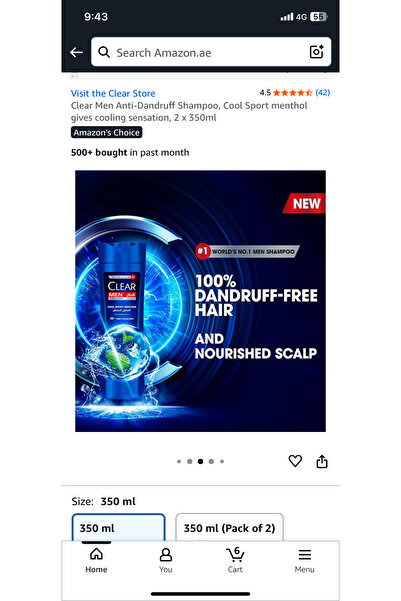 Clear Men Anti-Dandruff Shampoo, Cool Sport menthol gives cooling sensation 350ml