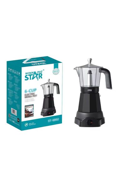 WINNINGSTAR Winning Star ST-6802 – Electric Moka Coffee Maker, 6 Cups | Elegant Aluminum Design with Spoon