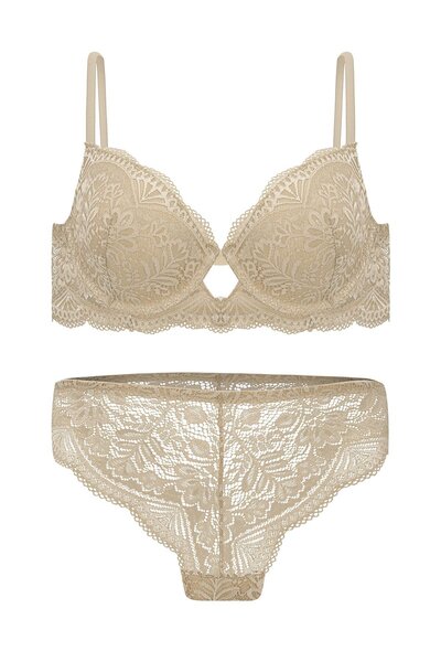 Wonna Lace Low-Cut Bra Panty Set Push Up, 2451 Stone Color