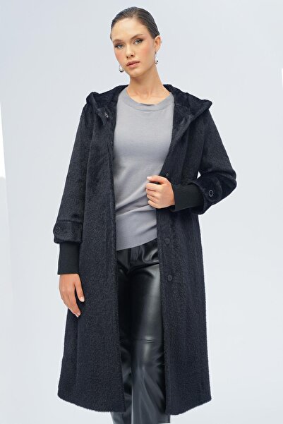 Olcay Hooded Ribbed Detailed Plush Coat Black 3118