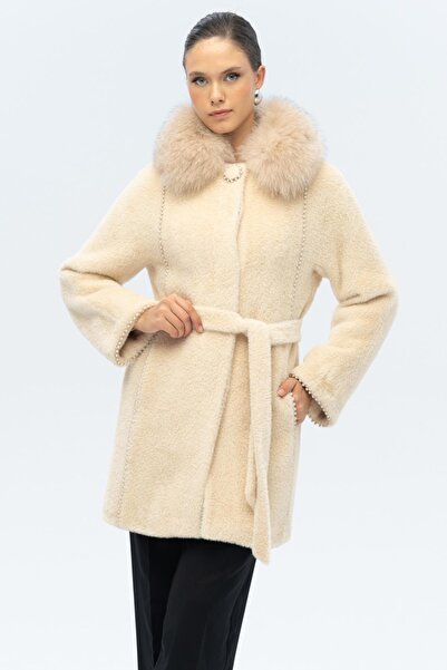 Olcay Removable Fur Pearl Detailed Plush Coat Beige 3098-Tk