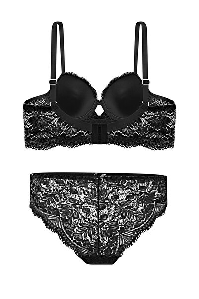 Wonna Lace Low-Cut Bra Panty Set Push Up, 2451 Black