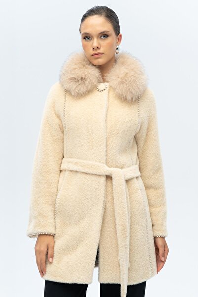 Olcay Removable Fur Pearl Detailed Plush Coat Beige 3098-Tk