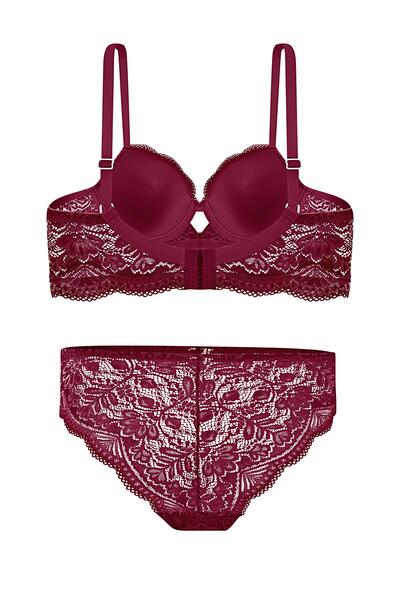 Wonna Lace Low-Cut Bra Panty Set Push Up, 2451 Cherry Color