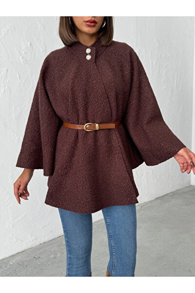 BEJNA Dámské hnědé pončo s knoflíky a detailem pásku z boucle látky