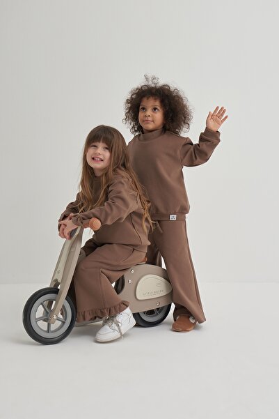 EBU Prive Girl's Interlock Ruffled Two-Piece Set Brown