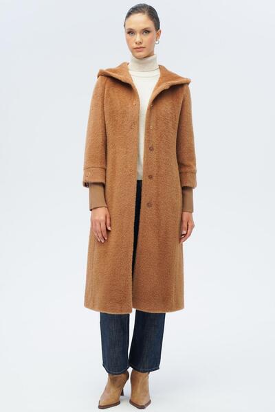 Olcay Hooded Ribbed Detailed Plush Coat Taba 3118