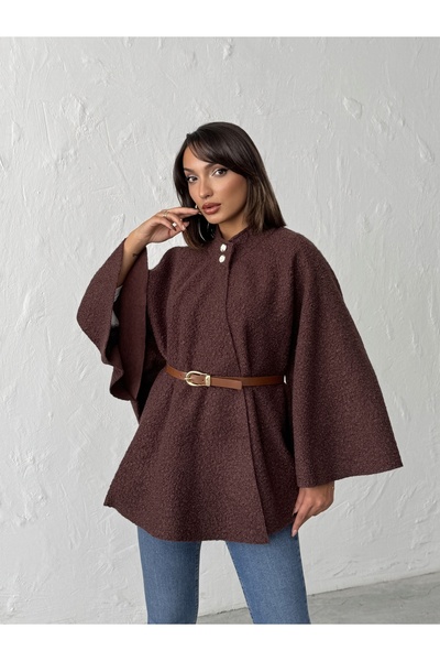 BEJNA Dámské hnědé pončo s knoflíky a detailem pásku z boucle látky