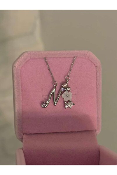h&b design jewel Çelik Silver Çiçekli M Harfli Kolye