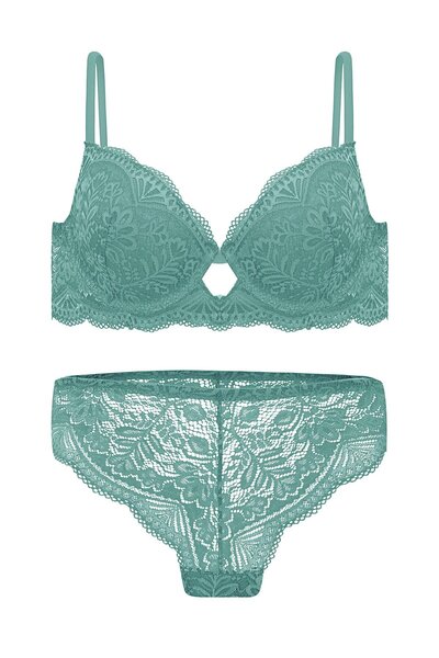 Wonna Lace Low-Cut Bra Panty Set Push Up, 2451 Petrol Green