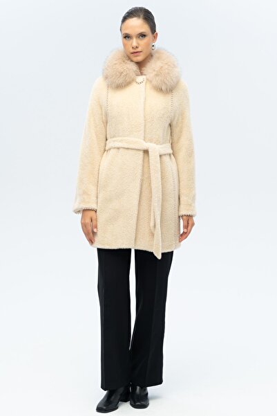 Olcay Removable Fur Pearl Detailed Plush Coat Beige 3098-Tk