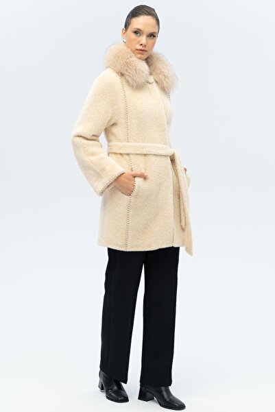 Olcay Removable Fur Pearl Detailed Plush Coat Beige 3098-Tk