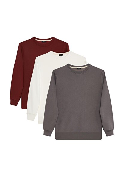 Tudors Unisex 3-pack Φούτερ με λαιμόκοψη σε λευκό-πλακάκι-γκρι χρώμα, βαμβακερή επένδυση από φλις