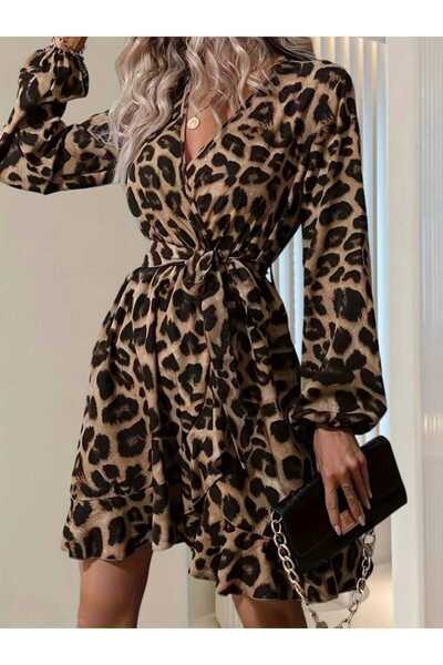 moda wanilia Γυναικείο μίνι φόρεμα με διπλό λαιμόκοψη, μακρυμάνικο, με λεπτομέρεια σταυρωτής κοπής με ζώνη στη μέση