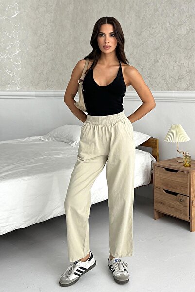 Behind Look Gabardine High Waist 100% Cotton Straight Leg Stone Pants