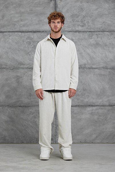 NOMARC Комплект от кадифена риза и панталони в цвят екрю бяло 251