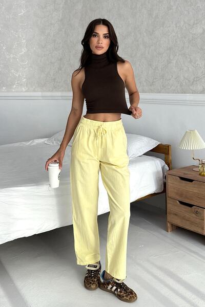 Behind Look High Waist Lace-Up 100% Cotton Comfortable Fit Yellow Straight Leg Women's Trousers