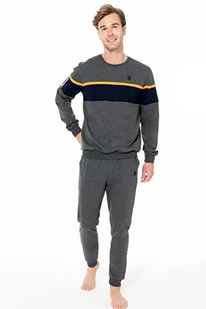 U.S. Polo Assn. Men's Anthracite Color Long Sleeve Crew Neck Color Block Elasticated Leg Pajama Set C6T3N981