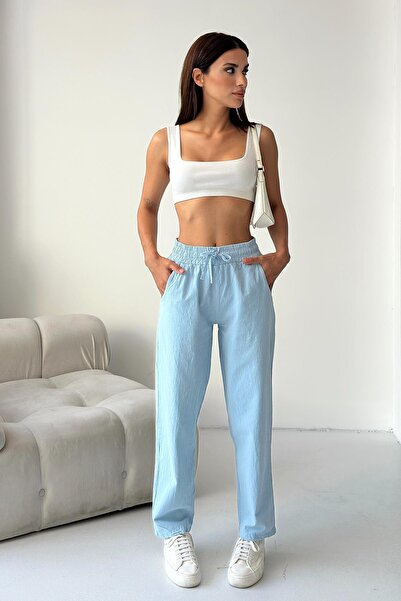 Behind Look High Waist Lace-Up 100% Cotton Comfortable Fit Babe Blue Straight Leg Women's Pants