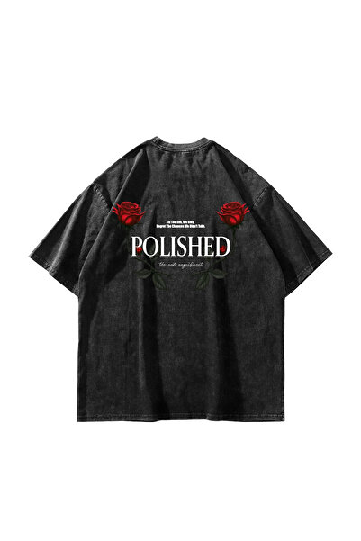 Sekizbiraltı Polished Rose Printed Oversize Unisex Washable Black Tshirt