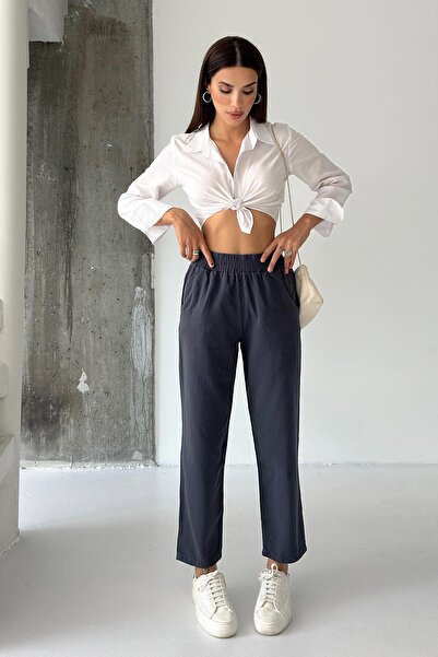 Behind Look Gabardine High Waist 100% Cotton Straight Leg Smoked Trousers
