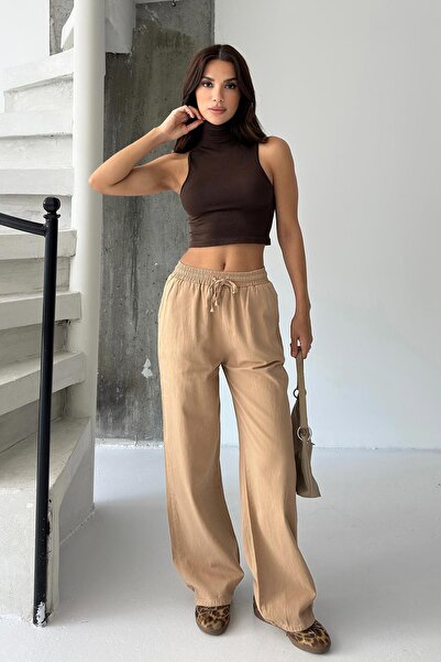 Behind Look Gabardine 100% Cotton High Waist Camel Wide Leg Palazzo Pants