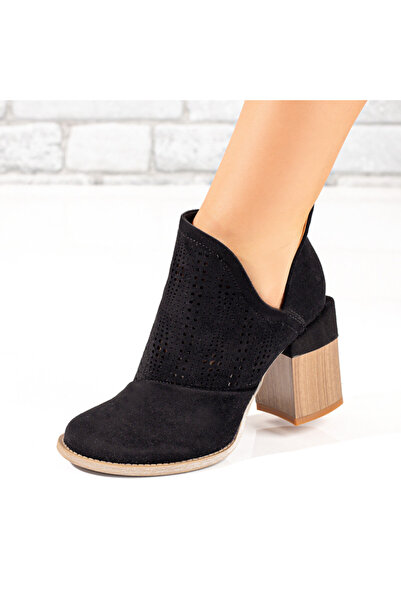 Modlet.ro Women's black suede perforated heeled ankle boots MOD10386