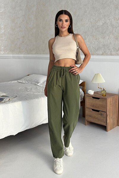 Behind Look High Waist Lace-Up 100% Cotton Comfortable Fit Khaki Straight Leg Women's Trousers