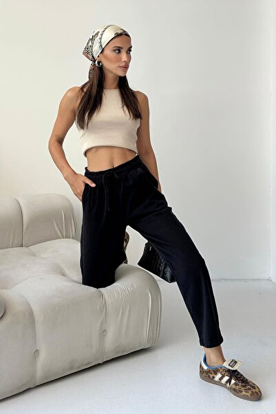 Behind Look Gabardine 100% Cotton Comfortable Fit Black High Waist Straight Leg Women's Trousers