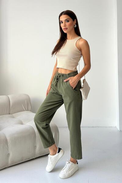 Behind Look Gabardine 100% Cotton Comfortable Fit Khaki High Waist Straight Leg Women's Trousers