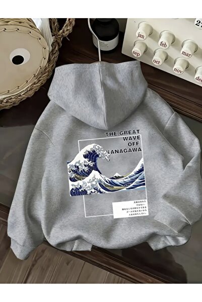 FUFLUNS سترة بغطاء للرأس كبيرة الحجم للجنسين مطبوعة عليها THE GREAT WAVE