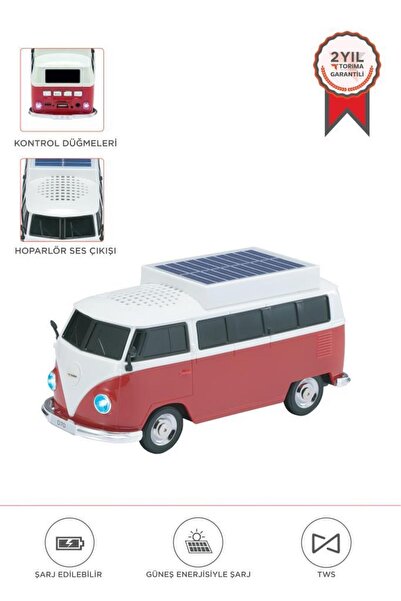 Torima Bluetooth Hoparlör Retro Vosvos Tasarımlı Solar Şarjlı Speaker D70 Kırmızı