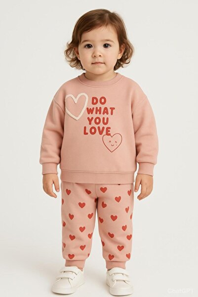 RAPAPA Girl's Heart Patterned 3 Thread Ribbed Tracksuit Set – Sweatshirt & Bottom 10735K