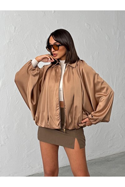 BEJNA Women's Beige Satin Surface Oversize Bomber Jacket