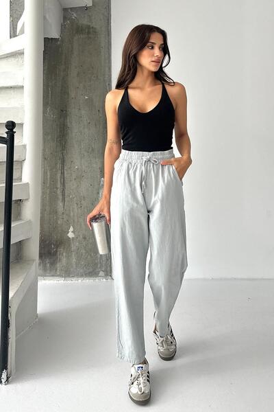 Behind Look High Waist Lace-Up 100% Cotton Comfortable Fit Stone Straight Leg Women's Pants