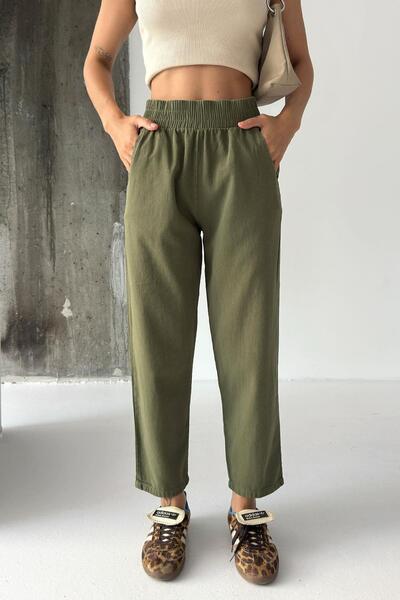 Behind Look Gabardine High Waist 100% Cotton Straight Leg Khaki Trousers