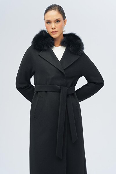 Olcay Batwing Sleeve Detachable Fur Punto Stitching Detailed Cashmere Coat Black 3120-Tk