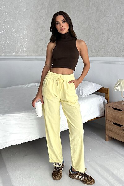 Behind Look High Waist Lace-Up 100% Cotton Comfortable Fit Yellow Straight Leg Women's Trousers