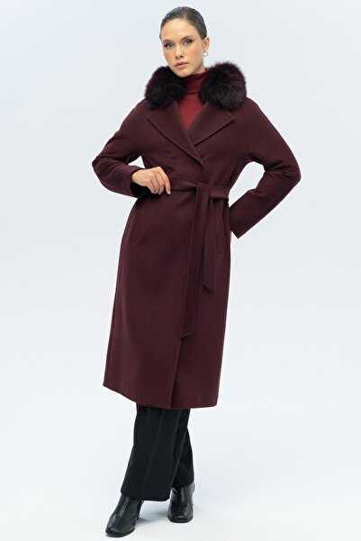 Olcay Batwing Sleeve Detachable Fur Punto Stitching Detailed Cashmere Coat Mürdüm 3120-Tk