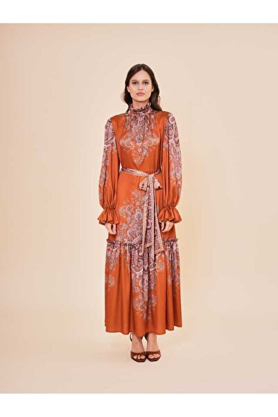 SERPİL Desenli Uzun Kollu Yüksek Yakalı Şık Kadın Elbise 50946