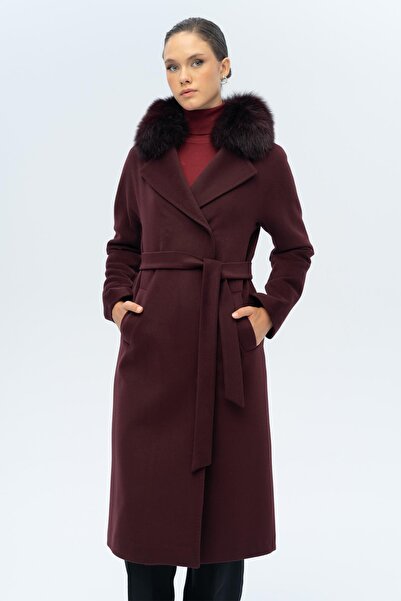 Olcay Batwing Sleeve Detachable Fur Punto Stitching Detailed Cashmere Coat Mürdüm 3120-Tk