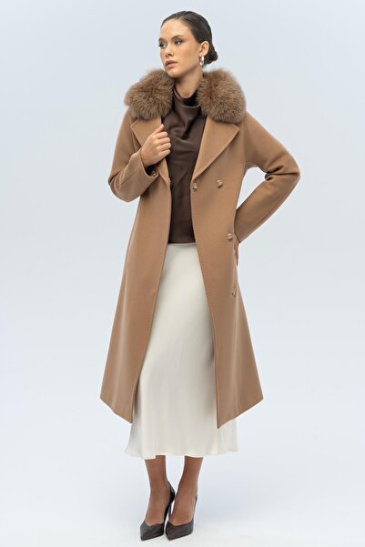Olcay Batwing Sleeve Detachable Fur Punto Stitching Detailed Cashmere Coat Kamel 3120-Tk