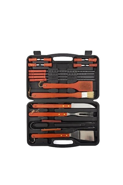 OEM Set de 18 ustensile pentru grătar, din oțel inoxidabil și lemn, cu geantă de transport